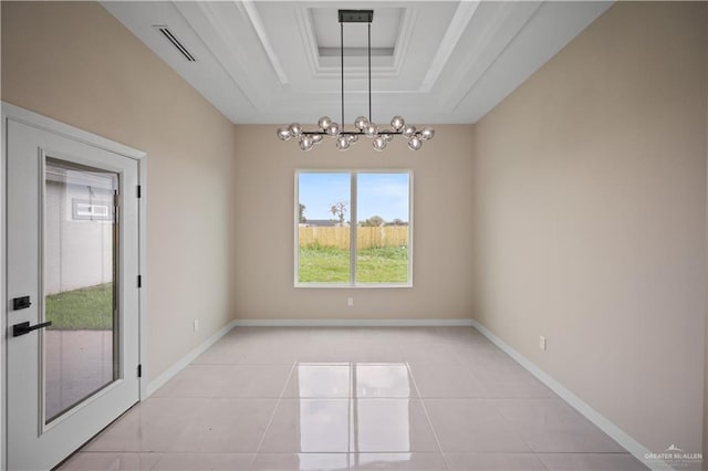 interior space featuring a tray ceiling, visible vents, baseboards, and light tile patterned flooring