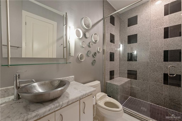 bathroom with vanity, toilet, and a stall shower