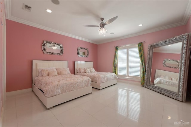 bedroom with tile patterned flooring, ornamental molding, recessed lighting, and visible vents
