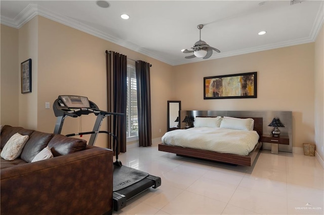 bedroom featuring recessed lighting, baseboards, ornamental molding, and light tile patterned floors