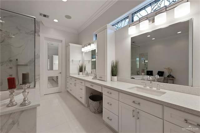 full bathroom featuring visible vents, crown molding, tile patterned flooring, vanity, and a marble finish shower