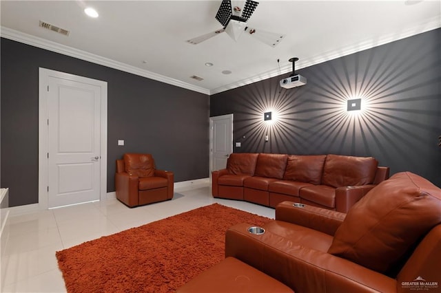 living room featuring crown molding, baseboards, visible vents, and tile patterned floors