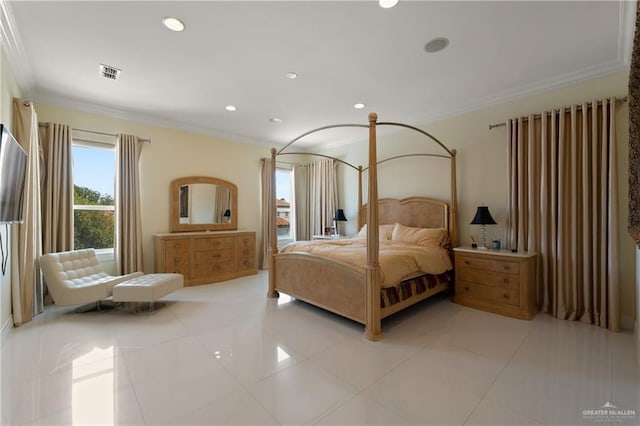 bedroom featuring crown molding, light tile patterned flooring, visible vents, and recessed lighting