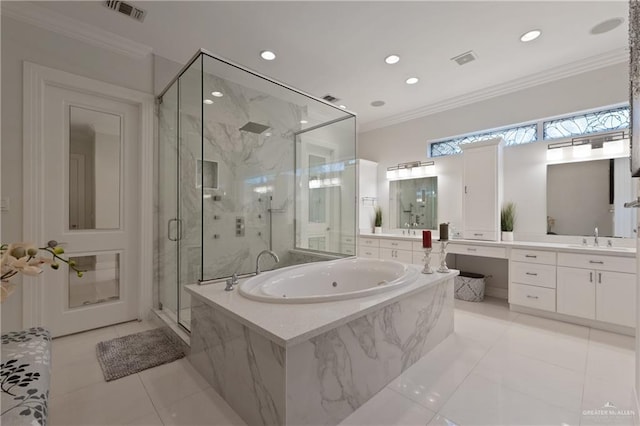 full bath featuring crown molding, vanity, a marble finish shower, visible vents, and a bath