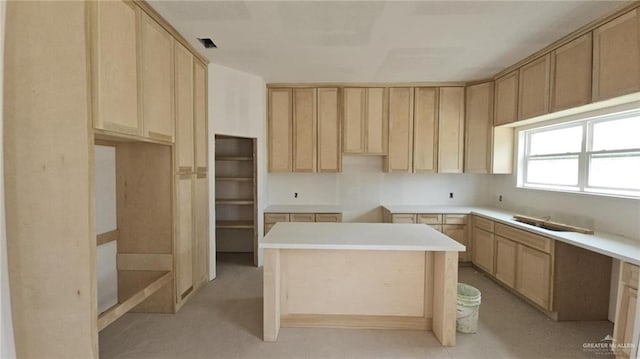 kitchen with a center island and light brown cabinets