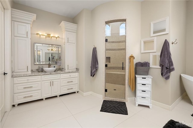 bathroom featuring independent shower and bath, vanity, and tile patterned flooring