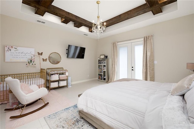 bedroom with an inviting chandelier, coffered ceiling, beam ceiling, and access to exterior