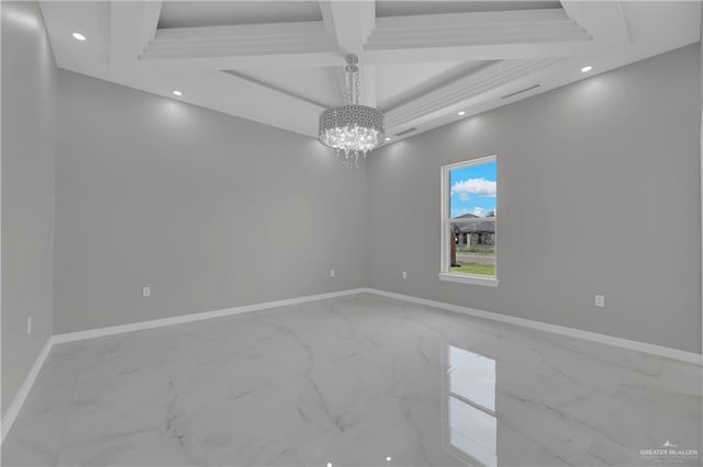 spare room featuring coffered ceiling, a notable chandelier, and beam ceiling