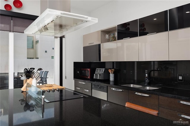 kitchen with sink, decorative backsplash, dark brown cabinets, white cabinetry, and dishwashing machine