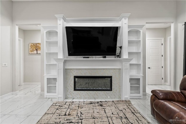 1412 E Mile 2nd Rd, Mission, TX 78574 - living area featuring marble look tile flooring, baseboards, and a fireplace