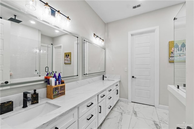 1412 E Mile 2nd Rd, Mission, TX 78574 - bathroom featuring double vanity, an enclosed shower, marble finish floors, and baseboards