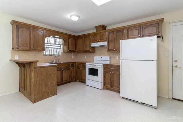 kitchen with sink, white appliances, kitchen peninsula, and tasteful backsplash