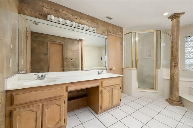 3703 N Glasscock Rd, Palmhurst, TX 78573 - bathroom featuring a shower stall, double vanity, and tile patterned flooring