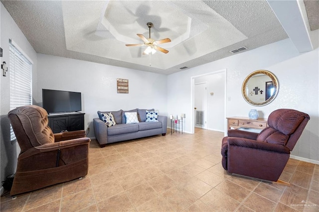 2309 W Chapin St, Edinburg, TX 78541 - living area with a tray ceiling, a textured ceiling, and ceiling fan