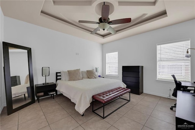 3604 Illeana St, Edinburg, TX 78539 - bedroom with a raised ceiling, multiple windows, light tile patterned floors, and a ceiling fan
