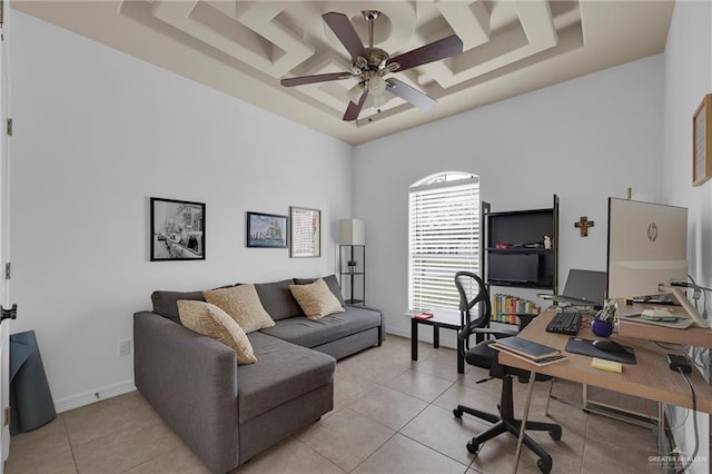 3604 Illeana St, Edinburg, TX 78539 - office area with ceiling fan, a tray ceiling, and light tile patterned floors