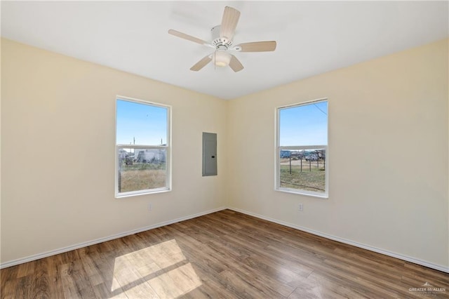 spare room with ceiling fan, wood-type flooring, electric panel, and a wealth of natural light