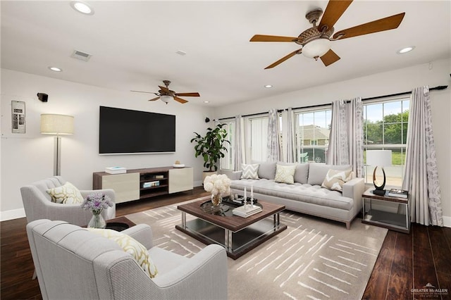 living room with baseboards, ceiling fan, wood-type flooring, and recessed lighting