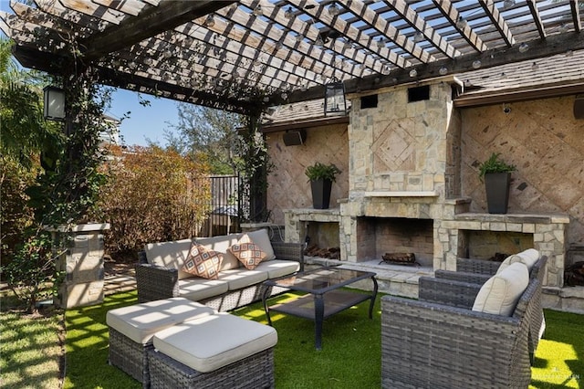 view of patio / terrace featuring an outdoor living space with a fireplace