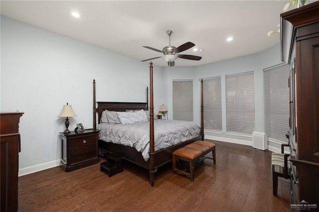 bedroom with a ceiling fan, baseboards, dark wood-style flooring, and recessed lighting