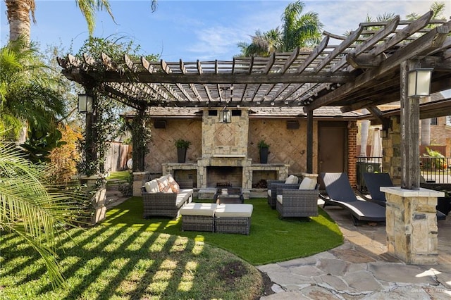 view of patio / terrace featuring fence, an outdoor living space with a fireplace, and a pergola