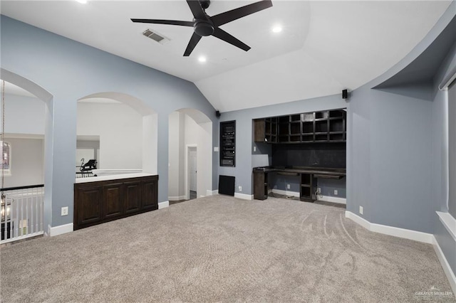 carpeted living room with recessed lighting, visible vents, vaulted ceiling, ceiling fan, and baseboards