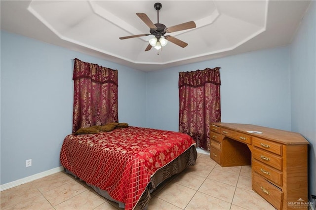 3417 N Pablo St N, Edinburg, TX 78541 - bedroom featuring light tile patterned floors, baseboards, ceiling fan, and a raised ceiling