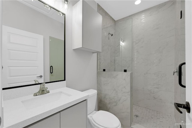 full bathroom featuring toilet, a stall shower, and vanity