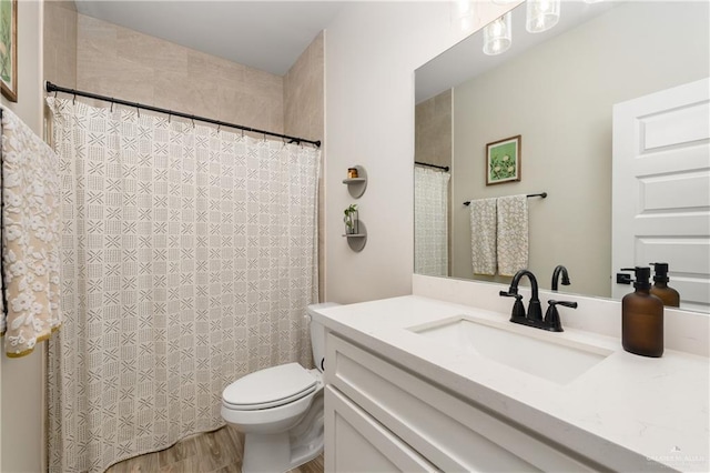 bathroom featuring vanity, wood-type flooring, and toilet