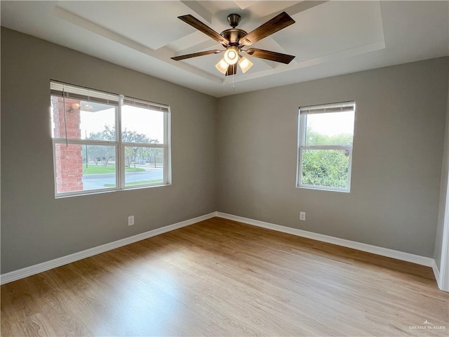 spare room with a raised ceiling, ceiling fan, and light hardwood / wood-style floors