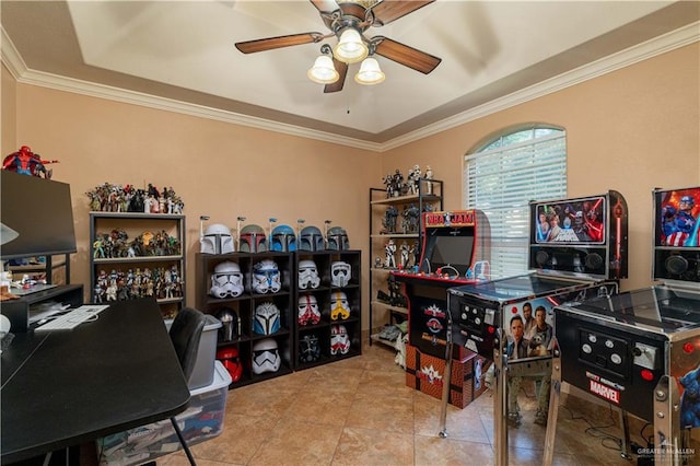 513 E Shasta Ave, Mcallen, TX 78504 - home office with tile patterned floors, ceiling fan, and ornamental molding