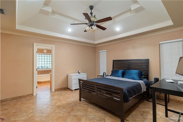 513 E Shasta Ave, Mcallen, TX 78504 - bedroom with a raised ceiling, ornamental molding, recessed lighting, connected bathroom, and ceiling fan