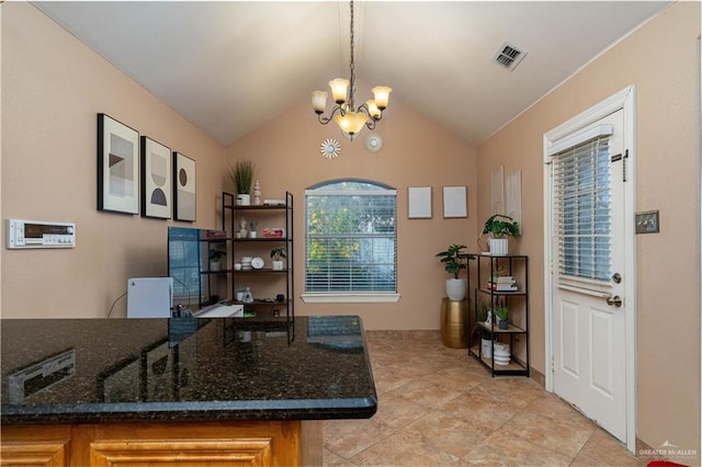 513 E Shasta Ave, Mcallen, TX 78504 - office area with a chandelier, lofted ceiling, and light tile patterned flooring