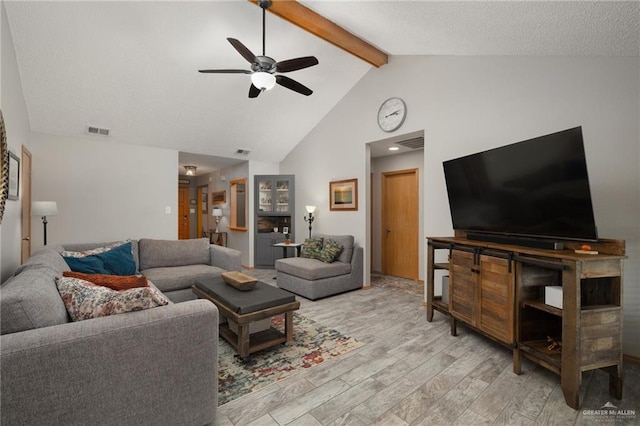 1813 Tyler St, Mission, TX 78572 - living room with ceiling fan, light wood-type flooring, beam ceiling, and high vaulted ceiling