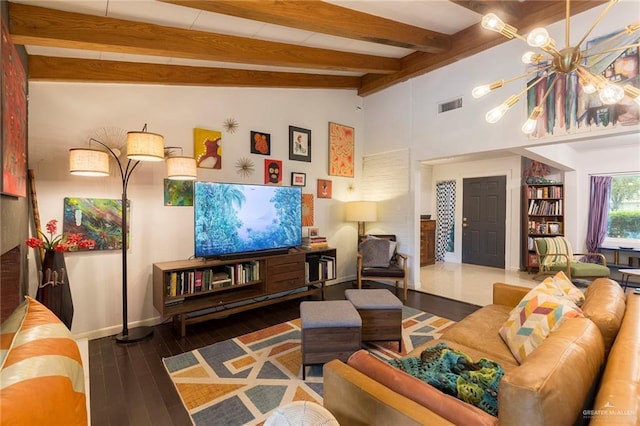 living room featuring beam ceiling, visible vents, wood finished floors, high vaulted ceiling, and baseboards