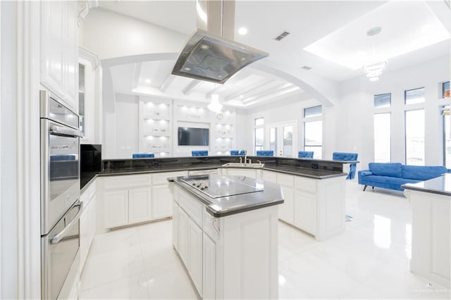 2511 Wisteria St, Rio Grande City, TX 78582 - kitchen with open floor plan, electric cooktop, a tray ceiling, island exhaust hood, and recessed lighting