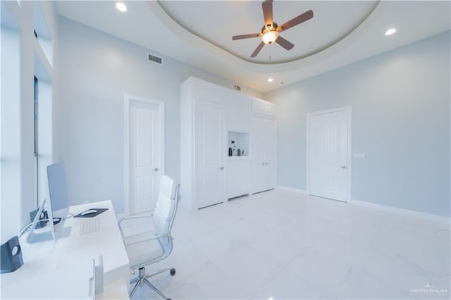 2511 Wisteria St, Rio Grande City, TX 78582 - unfurnished office featuring ceiling fan, recessed lighting, and a raised ceiling