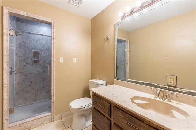 full bath featuring vanity, visible vents, a stall shower, tile patterned floors, and toilet