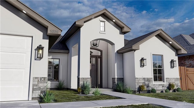 entrance to property featuring stone siding, an attached garage, and stucco siding