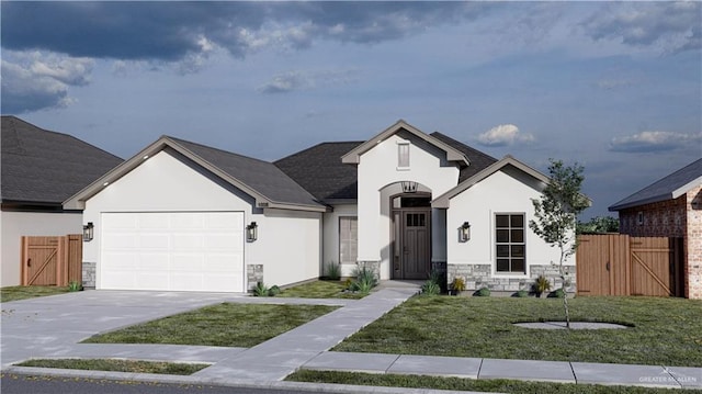 view of front of house featuring concrete driveway, stone siding, an attached garage, a gate, and stucco siding