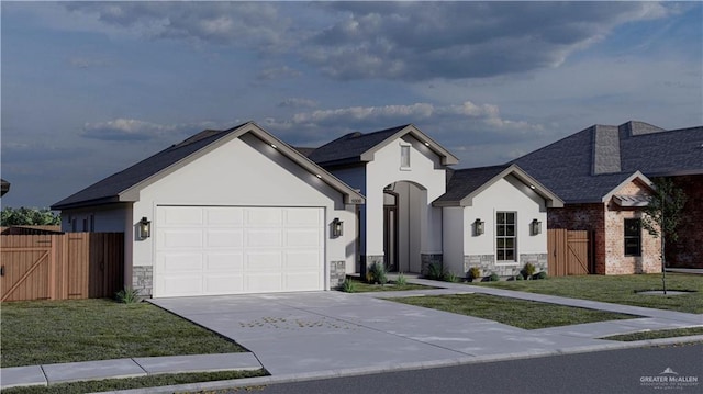 view of front of property with a garage, fence, driveway, stucco siding, and a front lawn