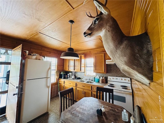 kitchen featuring sink, white appliances, hanging light fixtures, and wood walls