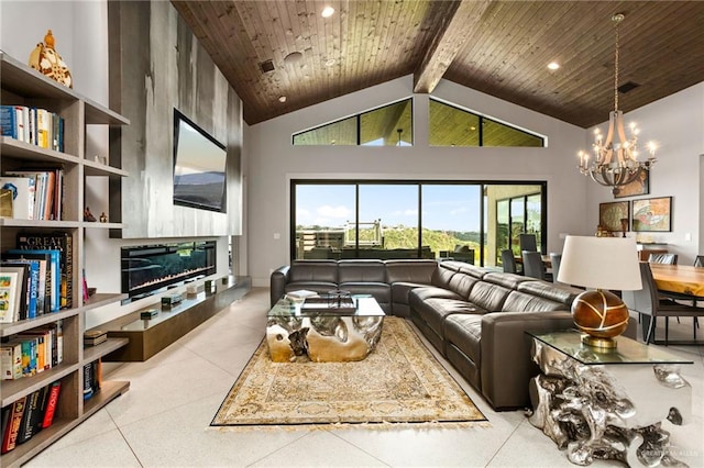 tiled living room featuring beam ceiling, wooden ceiling, high vaulted ceiling, and a chandelier