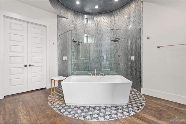 bathroom with separate shower and tub and wood-type flooring