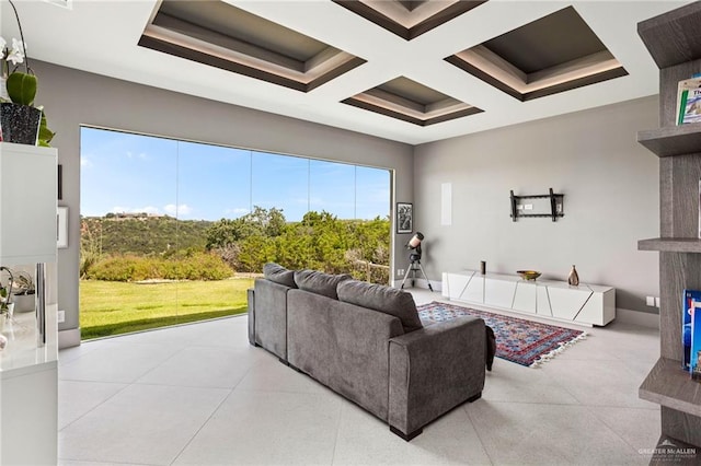 living room with beam ceiling and coffered ceiling