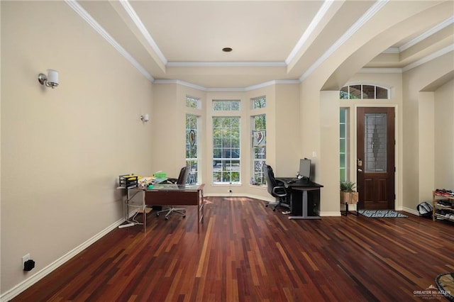 office area featuring dark hardwood / wood-style floors, a raised ceiling, and crown molding