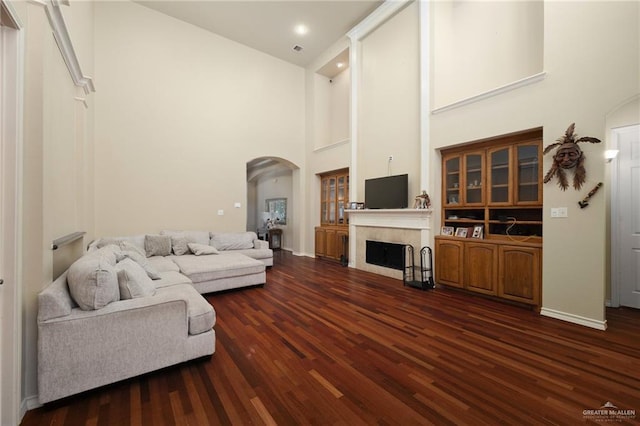 living room featuring a towering ceiling and dark wood-type flooring