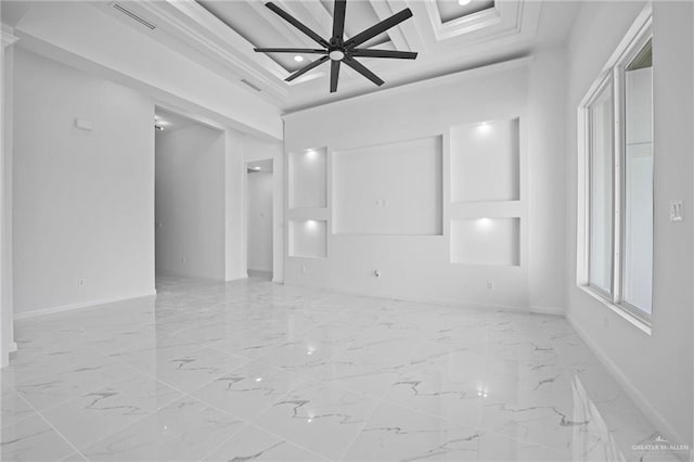 empty room featuring coffered ceiling, visible vents, baseboards, a ceiling fan, and marble finish floor