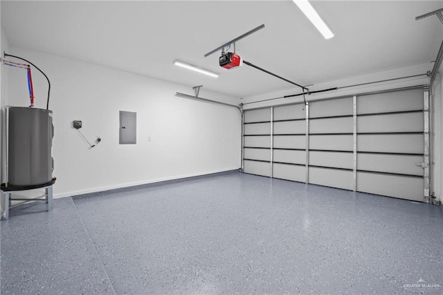 garage with electric panel, baseboards, and a garage door opener