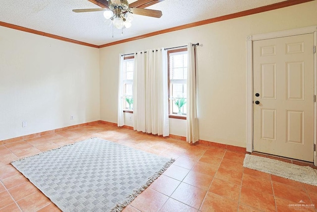 3208 Kiwi Ave, Mcallen, TX 78504 - entryway with a ceiling fan, a textured ceiling, ornamental molding, tile patterned floors, and baseboards